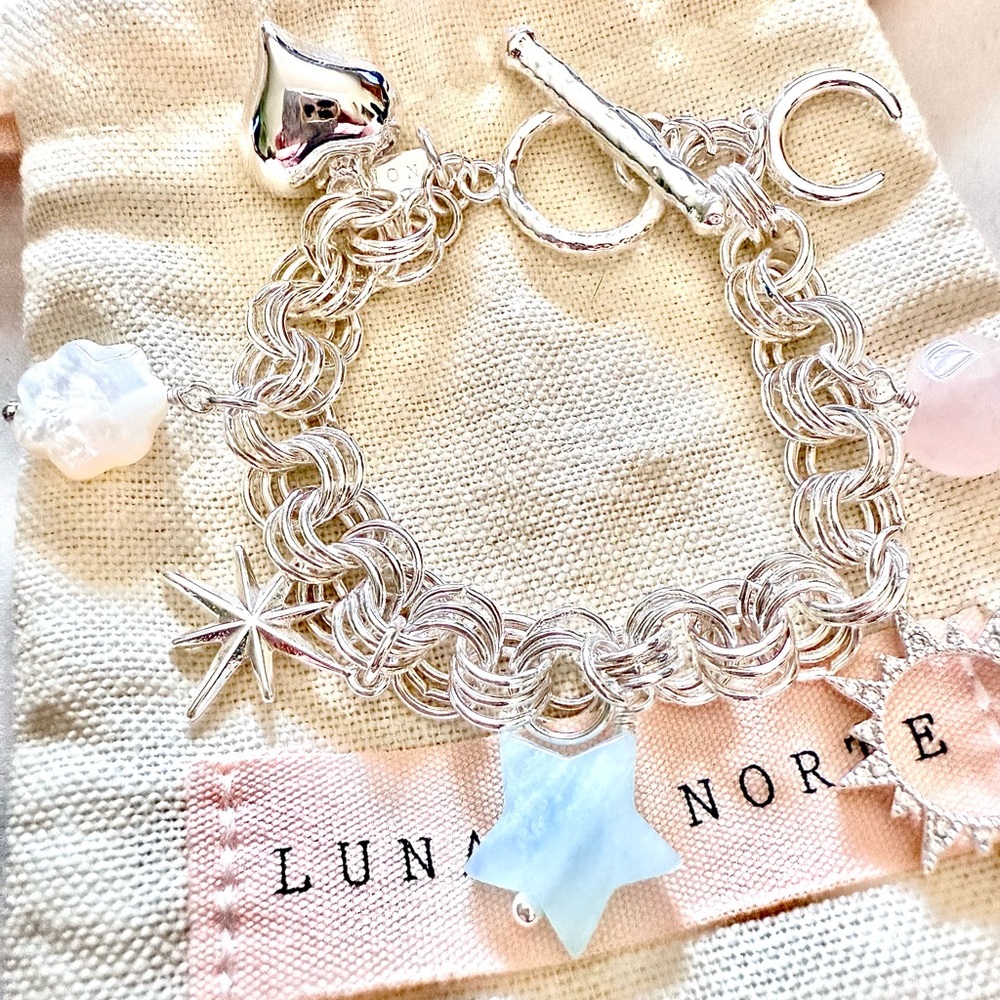 Luna Norte Silver plated brass Charm Bracelet Genuine Stones NWT
